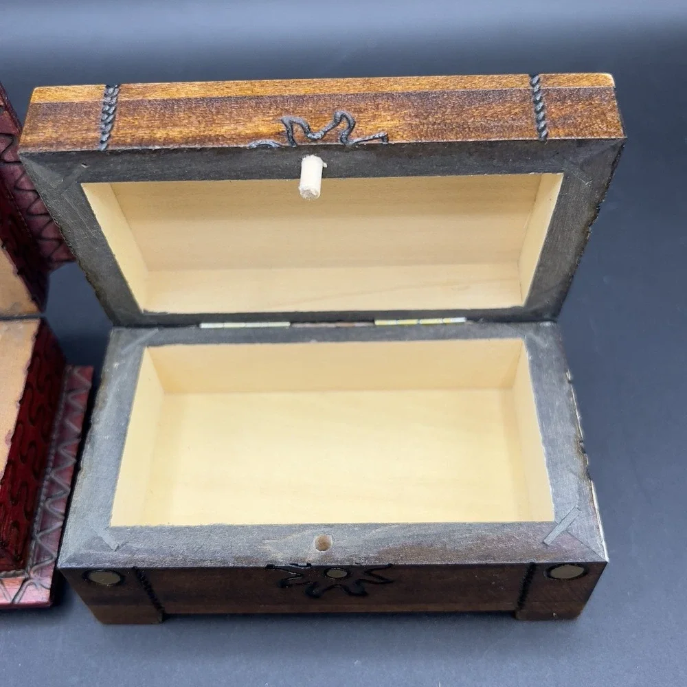 Wooden Carved Hinged Trinket Box Hand Made Poland ~ Set of 2